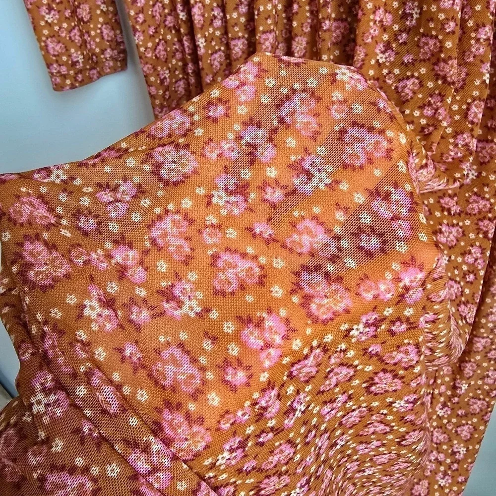 Free People Hello and Goodbye Orange Floral Mesh Smocked Midi Dress SZ Small